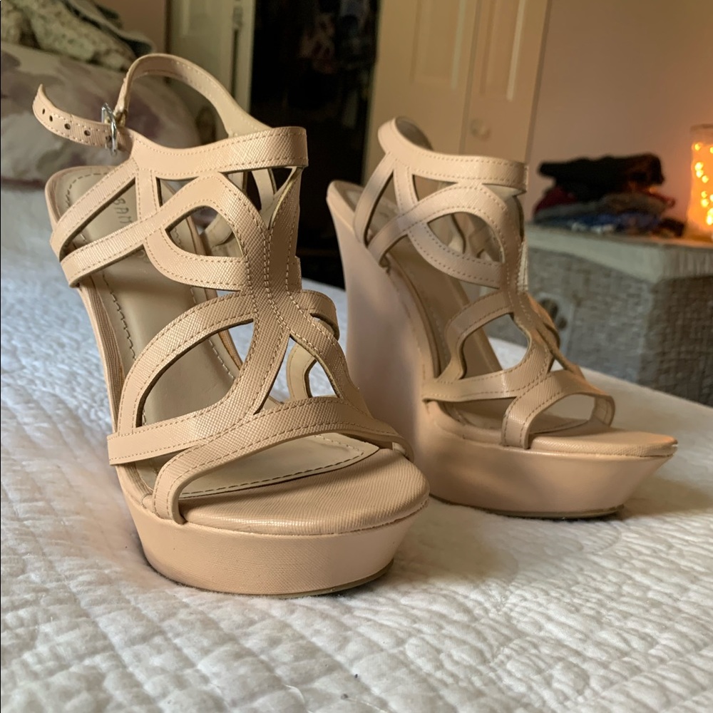 Nude Strappy High Heel Wedge